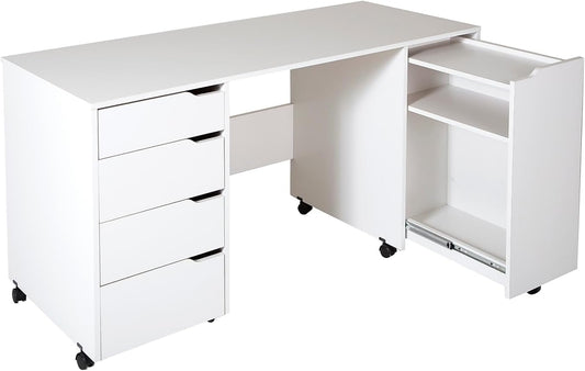 South Shore Farmhouse Craft Table - Mobile Design with Sliding Shelf & Storage Drawers | Pure White
