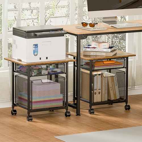 Rolling File Cabinet Cart, Printer Stand with Storage Drawer for Hanging File, Printers Table with Extended Desktop for Home Office, Printers Cabinet Shelf with Wheel for Fax Machine/Scanner