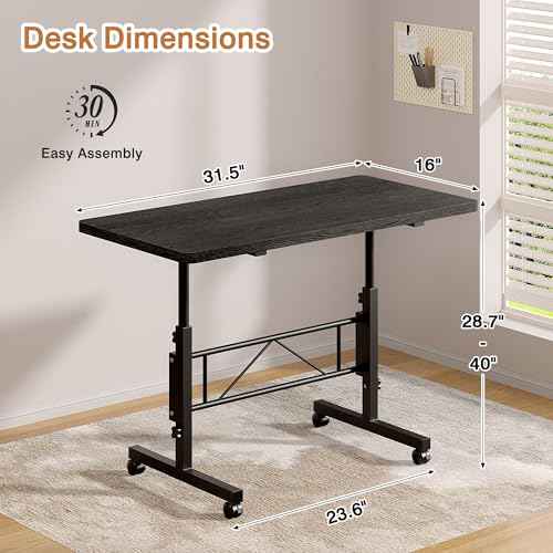 VECELO Small Standing Desk Adjustable Height, Mobile Computer Workstations with Wheels, Portable Rolling Laptop Table for Walking Pad, Home Office, Dark Black