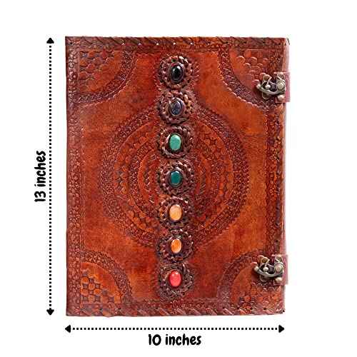Leather Unlined Bound Journal 13 x 10 inches Large Rustic Diary Seven Chakra Medieval 7-Stone Embossed Handmade Sketchbook Vintage Writing Notepad (200 Pages)