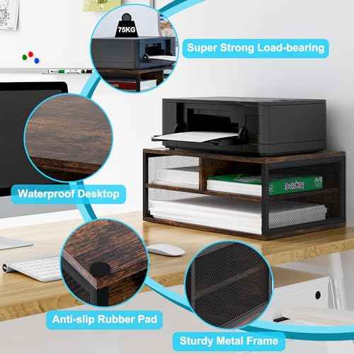 Desktop Printer Stand with Storage, Paper Organzier Shelf Printer Table Desk for Home Office, Antique Brown