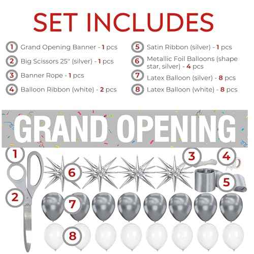 Silver Ribbon Cutting Ceremony Kit - 25 Inch Scissors for Grand Opening Satin Ribbon Silver Star Balloons and Grand Opening Banner for Inaugurations Special Events Ceremonies