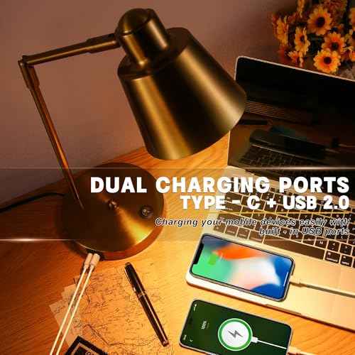 LED Desk Lamp with Dual USB Charging Ports, 100% Metal, 270¡Æ Swivel Arms, Soft White Light (3000K), Bedside Reading Lamp, Home Office Lamp(Golden)