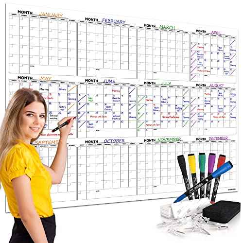 Large 36"x48" White Board Calendar for Wall 12 Month Planner Board Big Dry Erase Wall Calendar Monthly Large Includes 6 Markers Eraser Push Pins & Mounting Tape