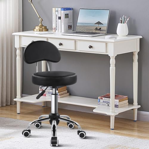 KKTONER Rolling Stool with Mid Back Height Adjustable Chair PU Leather Swivel Chair with Wheels for Office Home Task Drafting (Black)