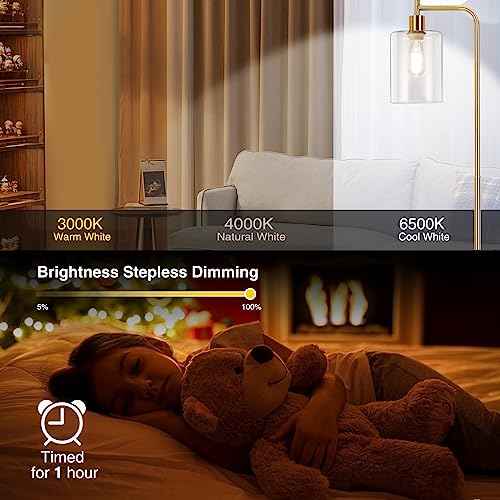 Litake Industrial Floor Lamp- Gold, Dimmable Modern Standing Lamp with Clear Glass Shade, Gold Tall Lamp with Remote & Foot Control, LED Bright Corner Lamp with 6W Bulb for Living Room Bedroom Office