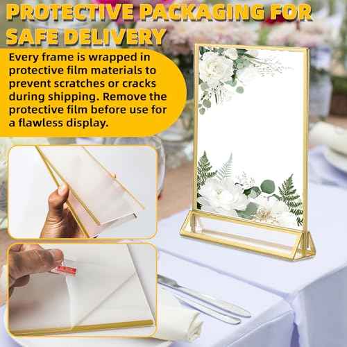 TonGass 12-Pack 5x7 Standard Double-Sided Acrylic Wedding Table Numbers Picture Frames, Clear Sign Holders with 3mm Gold Border & Vertical Stand