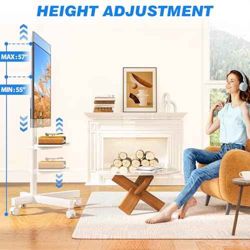Rfiver Mobile TV Stand for 23-60 Inch LCD LED Flat/Curved Panel Screen TVs up to 88 lbs, Rolling TV Stand with Adjustable Shelf & Tilt, Portable Floor Stand on Wheels for Bedroom, Living Room, White