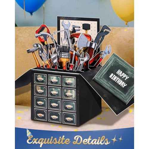 Birthday Pop Up Card with Envelope - Funny Happy Birthday 3D Greeting Pop Up Card, Best Gifts for Men Dad Husband Grandpa Father Daddy Him, Unique 3D Design, Metal Toolbox