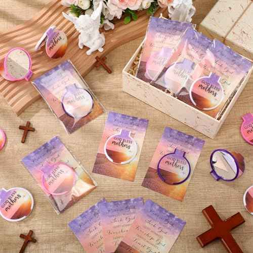 50 Sets Thanksgiving Christian Gifts for Mother Religious Compact Mirrors Bulk God Bless Mothers Bible Folding Round Mirror with Cards Church Gifts for Christmas Women Church Sunday School