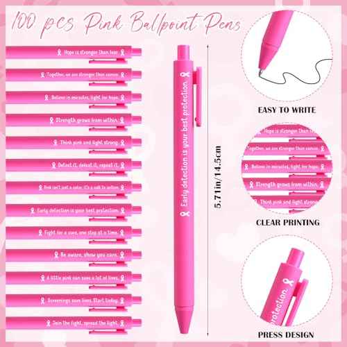 100 Sets Breast Cancer Care Gifts Breast Cancer Awareness Pens Pink Ballpoint Pens Pink Ribbon Pin Hope Cards and Bags Inspirational Gifts for Women Charity Fundraiser Campaign Party Favors