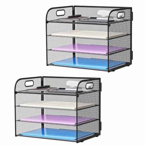 Marbrasse 2 Pack 4 Tier Paper Organizer Letter Tray - Mesh Desk File Organizer with Handle, Paper Sorter Organizer for Letter/A4 Office File Folder Holder (Black, 12.6" x 9.1" x 10.7")
