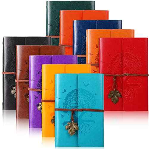 Teling 10 Pieces PU Leather Journal Tree Vintage Refillable Notebook Travel Journal Rustic Bound Diary Daily Writing Notepad with Lined Pages Gifts for Men Women(A6, 5'' x 7'')