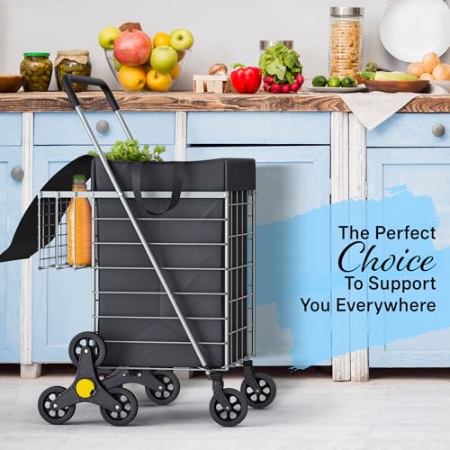 Our Modern Space Stair Climbing Shopping Cart Silver with Waterproof Basket Liner & 360° Swivel Wheels - Foldable & Lightweight Utility Cart