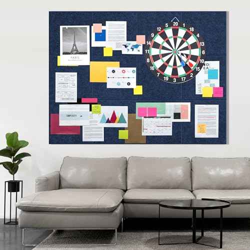 AKTOP Cork Board Bulletin Board 47"x35", 12 Pack Removable Felt Cork Board Tiles for Wall, Large Corkboard Notice Pin Board for Office, School & Home, 48 Safe Adhesive Tabs, 20 Push Pins, Dark Blue