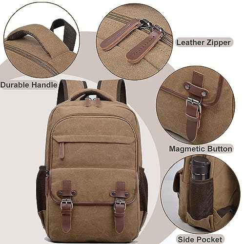 Canvas Laptop Backpack, Vintage Daypack for Men Women,Travel Work Rucksack College Bookbag Computer Bag Fits 15.6 Inch Laptop (Coffee)