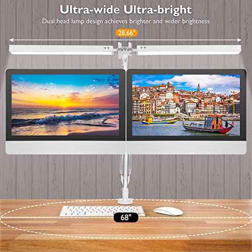 LED Desk Lamp with Clamp, Super Bright Double Head Task Light, 5 Color Modes, 10%~100% Dimmable Brightness, Modern Swing Arm Workbench Light