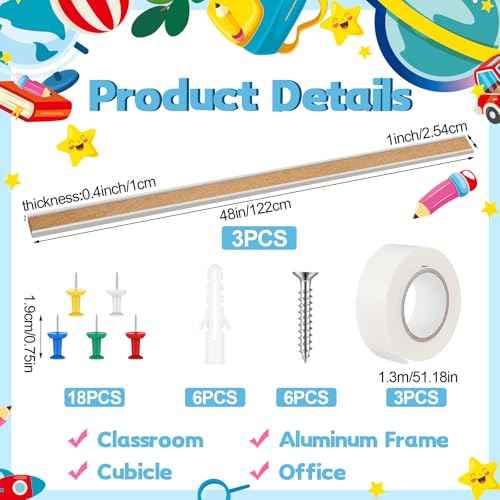 3 Pcs 48" x 1" Cork Strips Bulletin Bar Strips for Wall Bulletin Board Aluminum Trim Brown Cork Boards with Accessories for Paste Notes Photos Classroom Office Home Holiday Decor