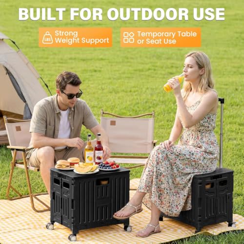 SUNALLY Folding Utility Cart with Lid - Black Rolling Handcart for Shopping & Travel