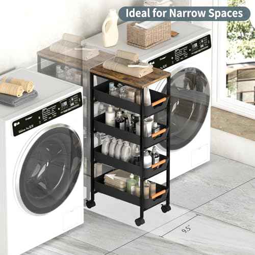 5 Tier Slim Rolling Utility Cart with Drawers Pull-Out Design Slim Storage Cart with Metal Frame and Wooden Top for Narrow Space in Home Kitchen Bathroom Black (Width 9.5 Inches)