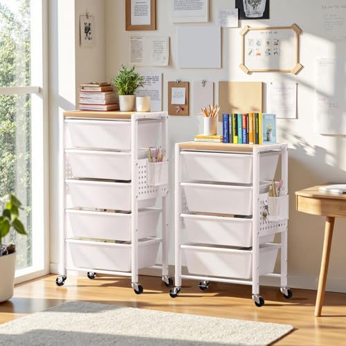 Time Forest 5-Drawer Rolling Storage Cart with Wheels & Wooden Top - Bright White