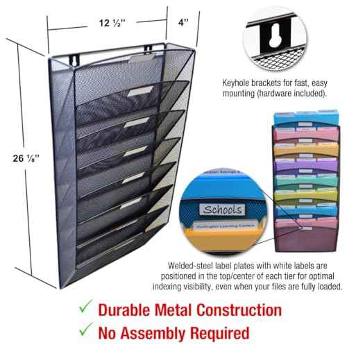 Ultimate Office Mesh Wall File Organizer, 8 Tier Vertical Mount Hanging File Sorter. Multipurpose Display Rack Includes 18, 3rd Cut PocketFile Clear Document Folder Project Pockets (Black)