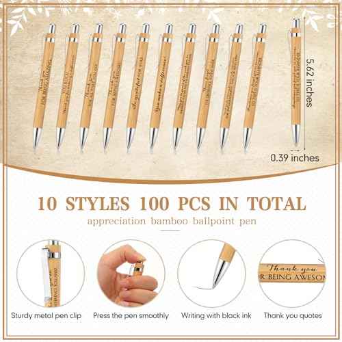 ReliThick Christmas Employee Appreciation Gift Bulk Inspirational Bamboo Ballpoint Pen with Thank You Greeting Card Respiratory Therapist Gifts for Coworker Nurse Practitioner Teacher(100 Sets)