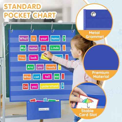 Standard Pocket Chart for Classroom with Zipper Storage Bag 28"x28" Wall Hanging File Display Pocket Chart with 7 Sentence Strips Holder Teacher Essential (Blue)