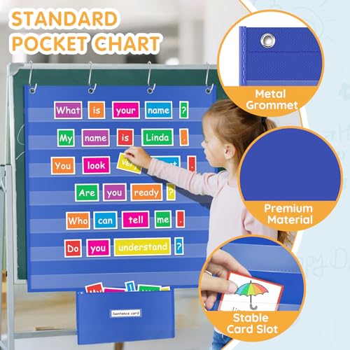ALSLEA Blue Classroom Pocket Chart 28x28 Inches with Zipper Storage Bag & 7 Sentence Strips Holders