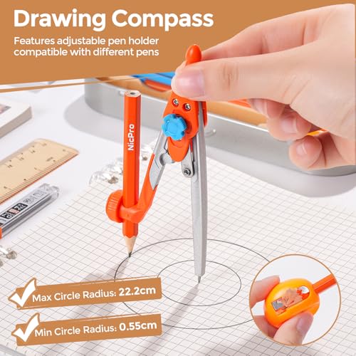 Nicpro 17 PCS Geometry Set with Protractor, Compass & Ruler for Students
