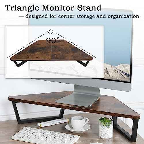TEAMIX 26 inch Triangle Monitor Stand Riser, Desktop Corner Shelf with Metal Leg Wood Computer Stand with Storage Laptop Riser Office Organization