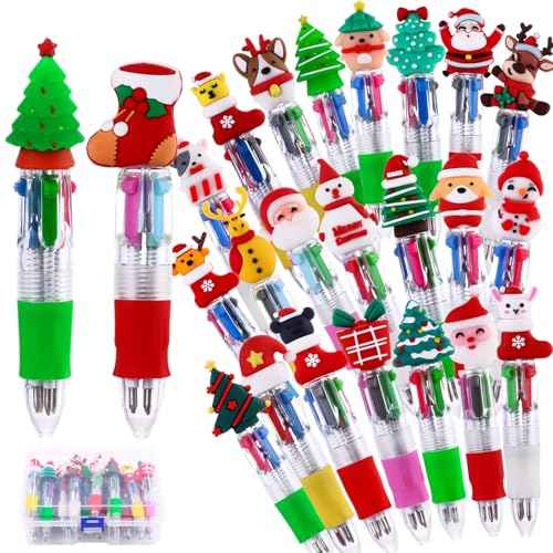24PCS Christmas Multicolor Ballpoint Pens 4 Colors in 1, Retractable 0.7mm Cartoon Cute Fun Pens for Kids Santa Snowman Writing Pens for Holiday Party School Supplies Students Rewards
