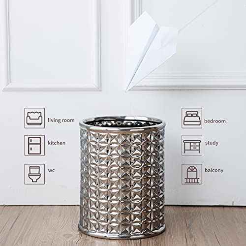 Silver Trash Can, Round Wastebasket, Garbage Receptacle Small Bin for Bathroom, Powder Rooms, Kitchens, Home Offices - Ceramics