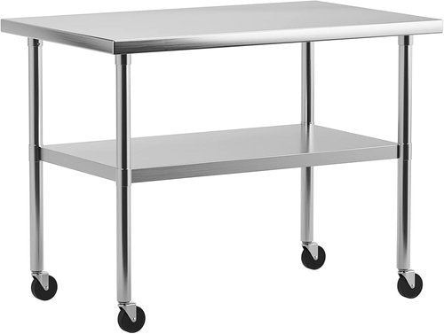 KYBOLT Stainless Steel Work Table - NSF Certified Heavy-Duty Kitchen Prep Table with Undershelf & Caster Wheels | 30" x 18" Silver