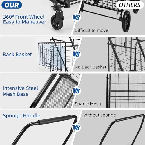 HABUTWAY Grocery Cart on Wheels for Groceries, Folding Shopping Carts with Liner, 110LBS Large Capacity Jumbo Grocery Cart with Dual Basket, 360¡Æ Rolling Laundry Cart, Lightweight Trolley for Senior