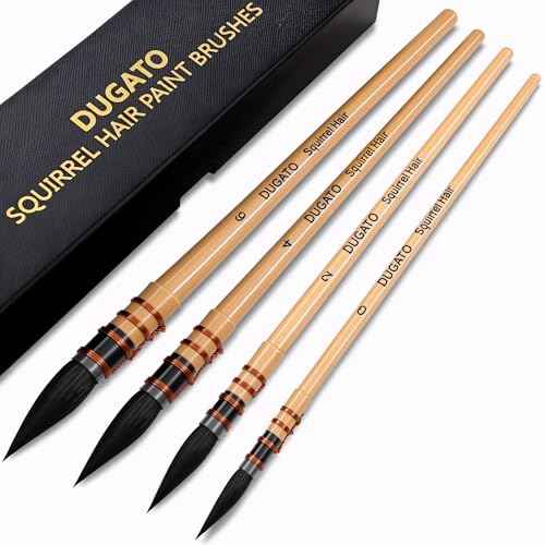 DUGATO 100% Real Squirrel Hair Watercolor Paint Brushes Set ? Mop Round Fine Tip Professional Artist Brushes for Gouache, Acrylic, Oil & Wash Techniques (4 Brushes)