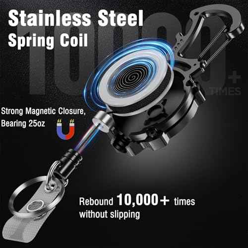 2Pack Heavy Duty Retractable Keychain, Tactical ID Badge Holder Reel Carabiner Clip with Magnetic Closure for Men, Unbreakable Sandwich Construction with 31" Dyneema Cord, Bearing 25oz