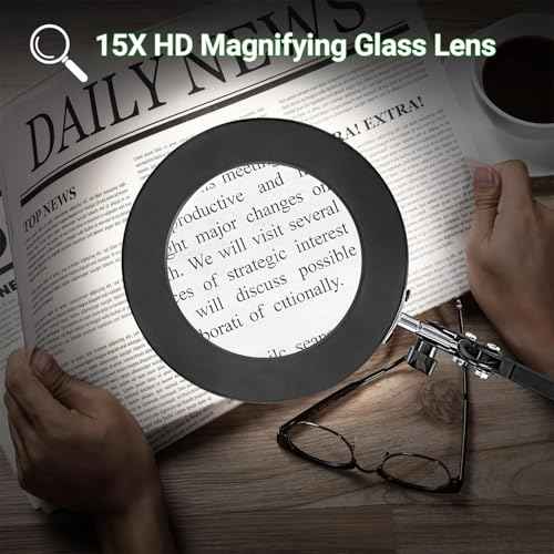15X Real Glass Lens Magnifying Glass with Light ? 3 Color Modes & Adjustable Brightness, Hands-Free Magnifier with Metal Base & Clamp for Crafts, Repair, Reading, Sewing, Painting & Close Work