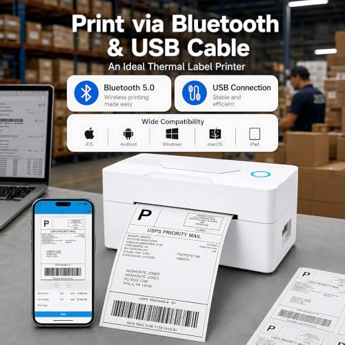 PKMHLXS White Bluetooth Thermal Shipping Label Printer 4x6 Wireless