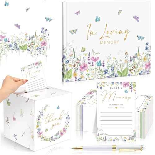 54 Pcs Funeral Guest Book for Memorial Service Celebration of Life Guest Book Hardcover in Loving Memory with 50 Memory Cards, Box, 2 Pens for Funeral Memorial Farewell Party Favor(Bright)