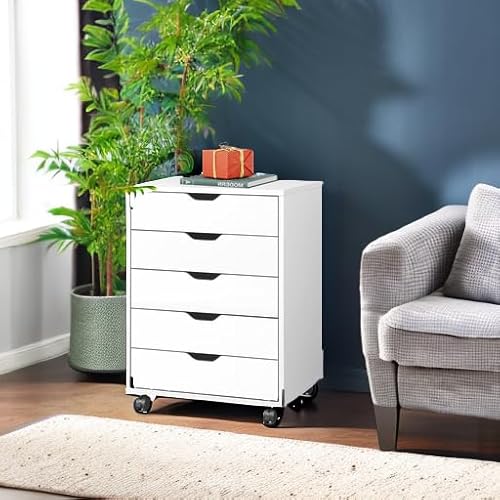 DEVAISE 5-Drawer Chest, Wood Storage file Cabinet with Wheels, White