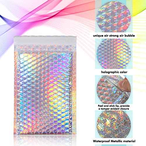100 Pack Metallic Bubble Mailers 3 Sizes Holographic Padded Bubble Rainbow Poly Bubble Mailers Foil Bubble Padded Envelopes Adhesive Seal Closure Envelopes Shipping Bags for Mailing Packing