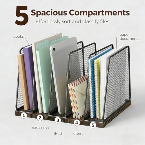 Becomrock Rustic Brown 5-Section Vertical Desk File Organizer with Wooden Base & Metal Mesh