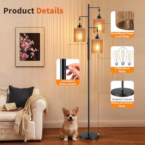 Hotsonic 72-Inch Boho Rattan Tree Floor Lamp - Black + Light Brown, Dimmable Industrial Standing Light for Living Room & Bedroom