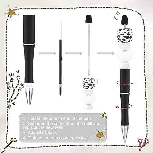 Kosiz 150 Pieces Plastic Beadable Pen Bulk Black Ink Assorted Bead Ballpoint Pen Beaded Gift for Presents Office School Supplies DIY Making(Black and White)