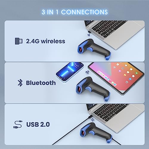 Eyoyo 2D Bluetooth Barcode Scanner Wireless, 2500mAh Handheld Cordless USB Wired QR Bar Code Reader for Library, Warehouse Inventory Compatible with iPad, Android Phone, iPhone, Laptop