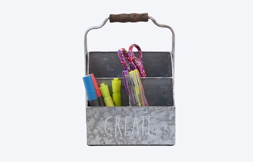 Rae Dunn Desktop Organizer – 4 Compartment Galvanized Steel Table Top Caddy, Stationary Holder – Decorative Storage for Cosmetics, Home and Office Supplies – “Create” Print- Rae Dunn by Designstyles