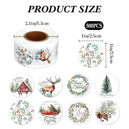 Christmas Stickers, 500 PCS Merry Christmas Stickers Roll, Round Self Adhesive Seals Label Sticker Decals for Xmas Holiday Seals Cards Gift Envelopes Crafts Present Box Decoration (8 Designs, 1 Inch)