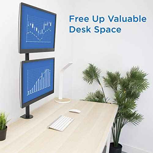 Mount-It! Vertical Monitor Mount, Dual Stacked Monitor Mount for Two Screens Each 13 to 32 Inches, Height Adjustable with Tilt Swivel Rotate, C-Clamp and Grommet Base Supports 17.6 lbs per Monitor