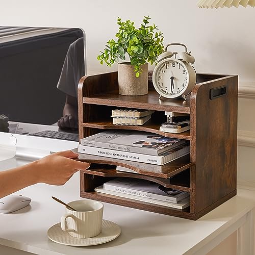 YMYNY Desktop File Organizer with Handle, Document Letter Mail Tray Sorter with 3 Adjustable Shelves, 5 Tiers Paper Holder for School Home Office Desk, Rustic Brown,13.4 * 12.4 * 9.06" UHBC006H